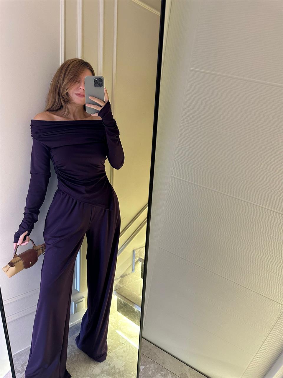 Mürdüm Asimetrik Bluz Pantolon Pamuklu Kumaş Takım