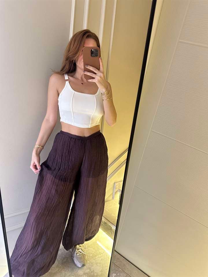 Mürdüm Transparan Şortlu Balon Pantolon