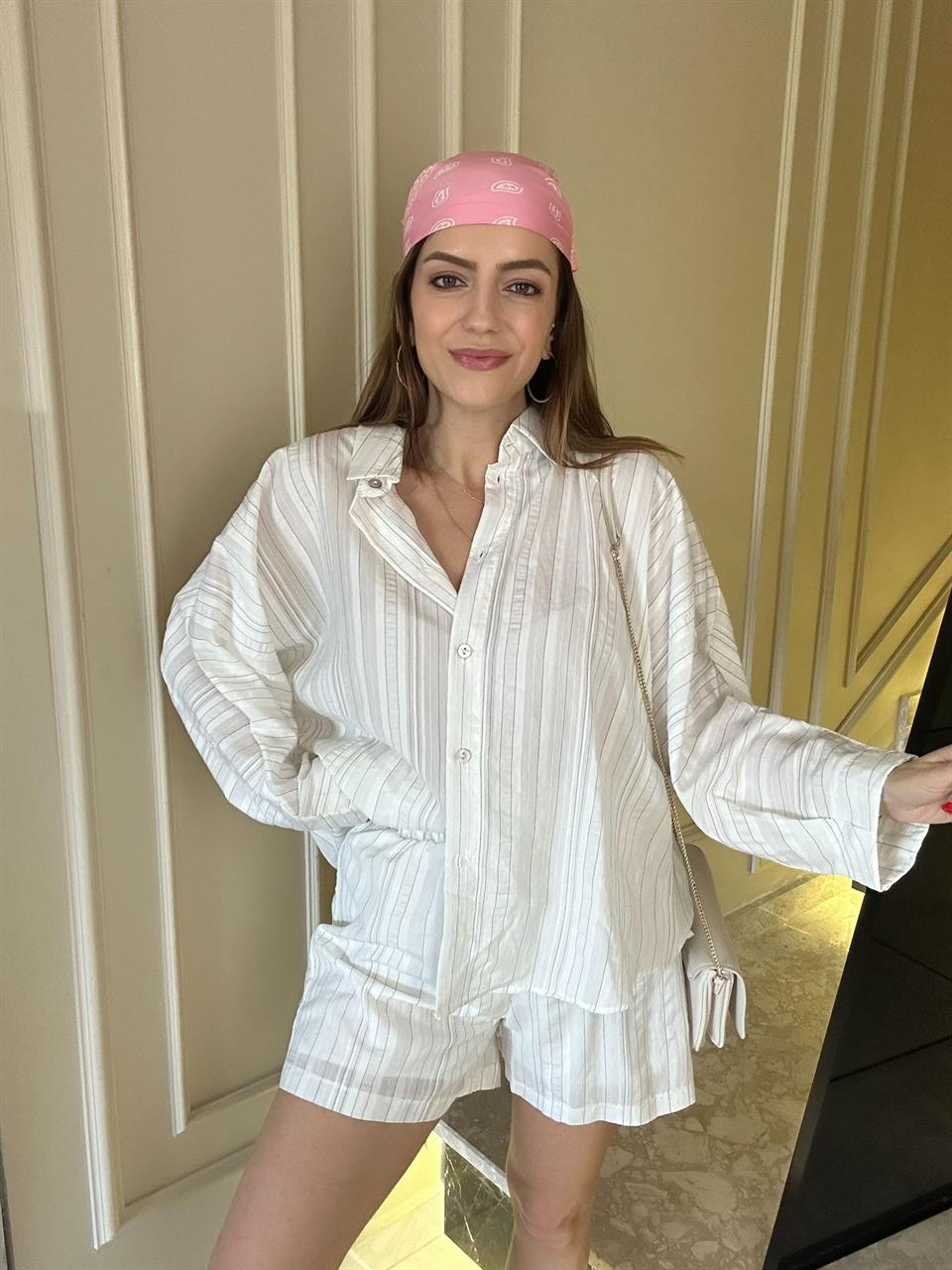 Oversize Çizgili Gömlek Şort Takım