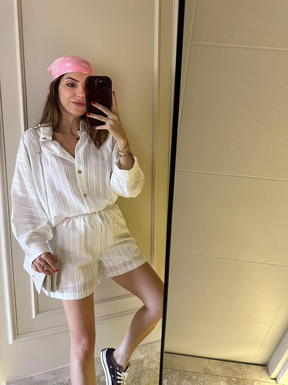 Oversize Çizgili Gömlek Şort Takım