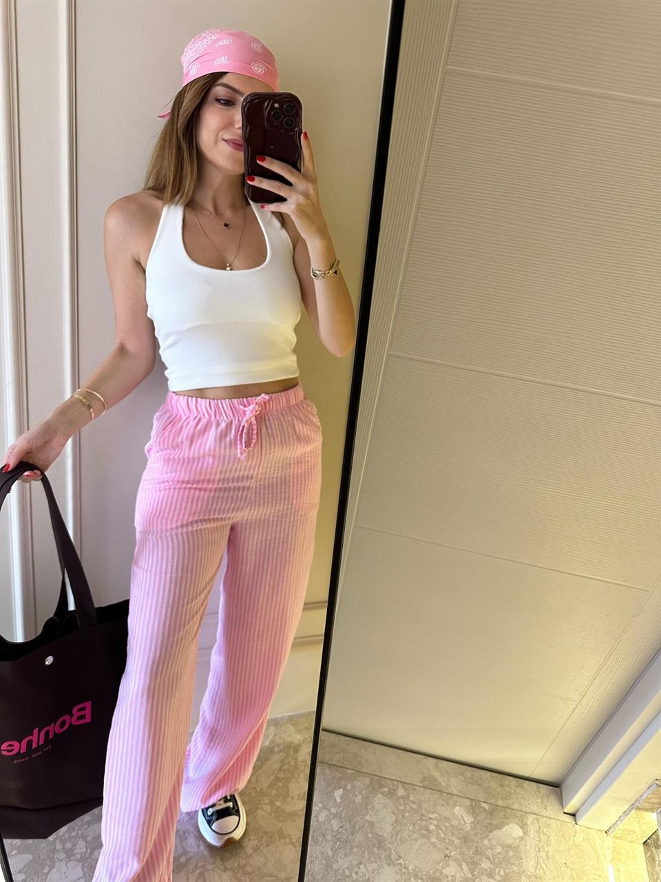 Pembe Bel Lastik Çizgili Keten Pantolon