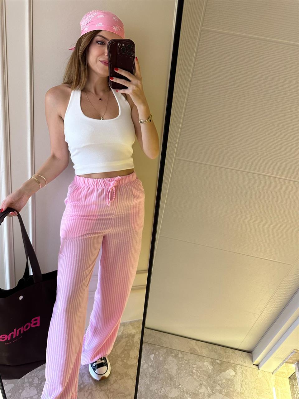 Pembe Bel Lastik Çizgili Keten Pantolon