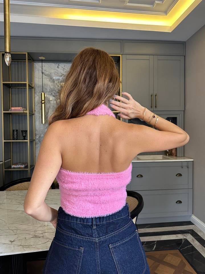 Pembe Boyundan Geçmeli Sakallı Triko Bluz