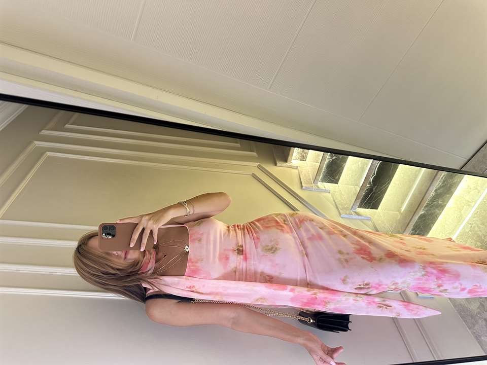 Pembe Çiçek Desen Fularlı Tül Elbise