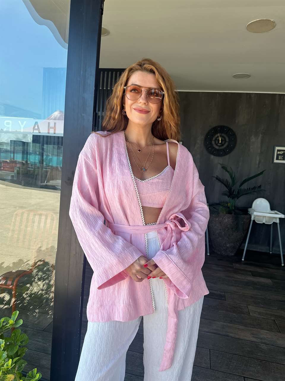 Pembe Dantel Detaylı Kimono Ceket