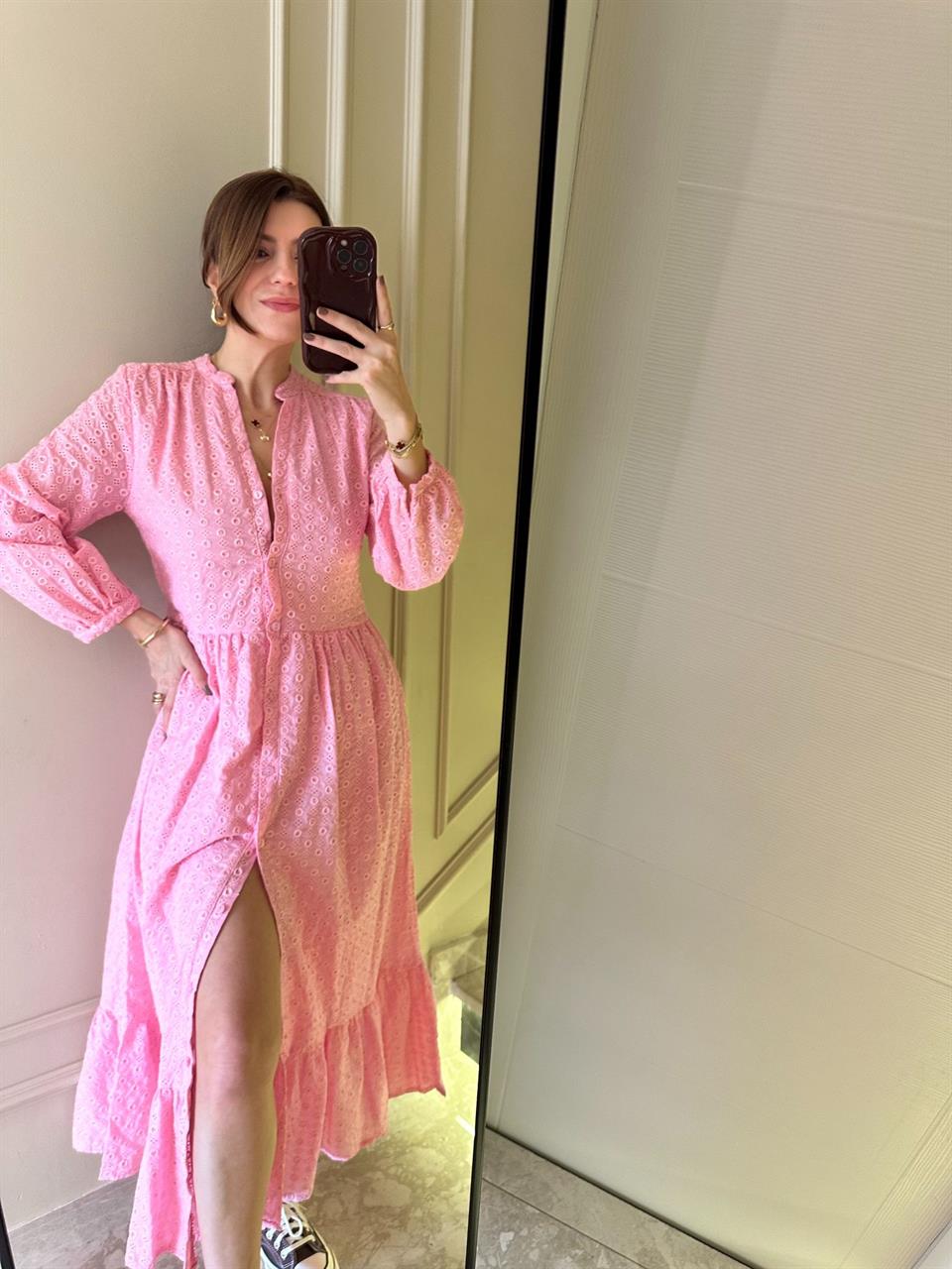 Pembe Düğmeli Maxi Fisto Elbise