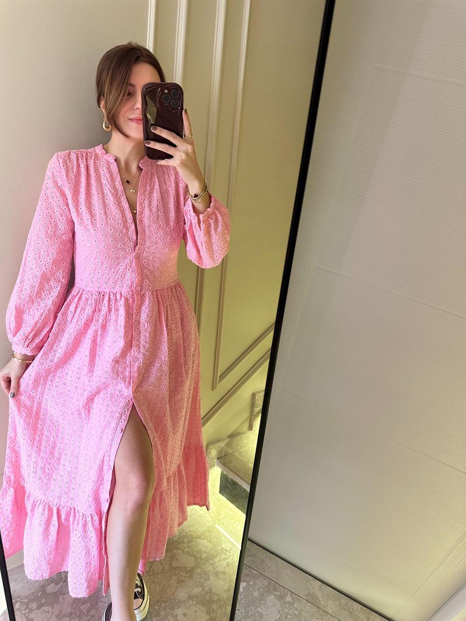 Pembe Düğmeli Maxi Fisto Elbise