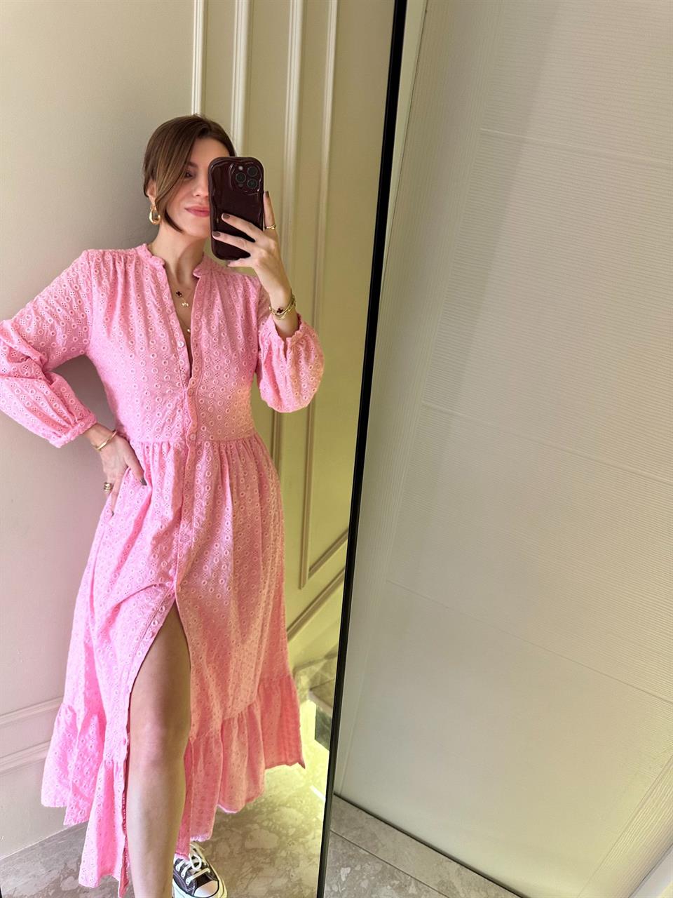 Pembe Düğmeli Maxi Fisto Elbise