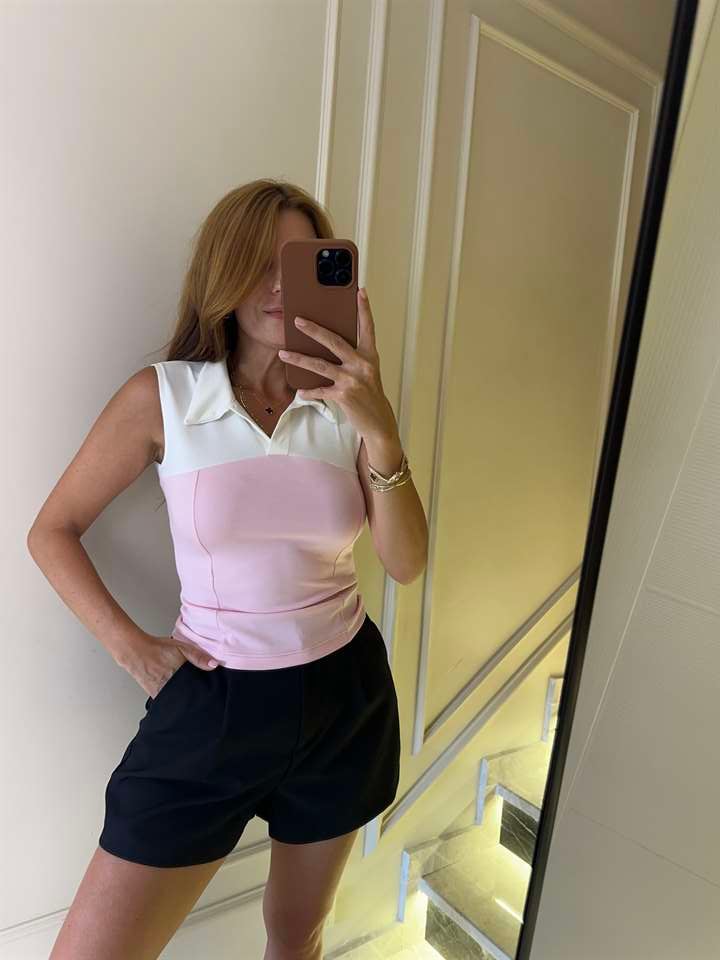 Pembe Garnili Polo Yaka Bluz