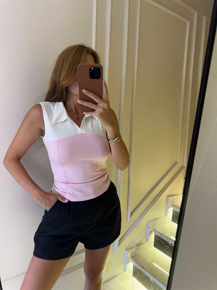 Pembe Garnili Polo Yaka Bluz