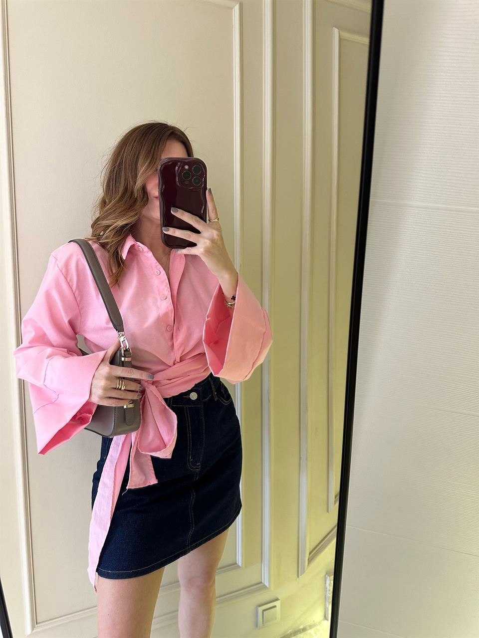 Pembe Geniş Kol Bağlamalı Gömlek