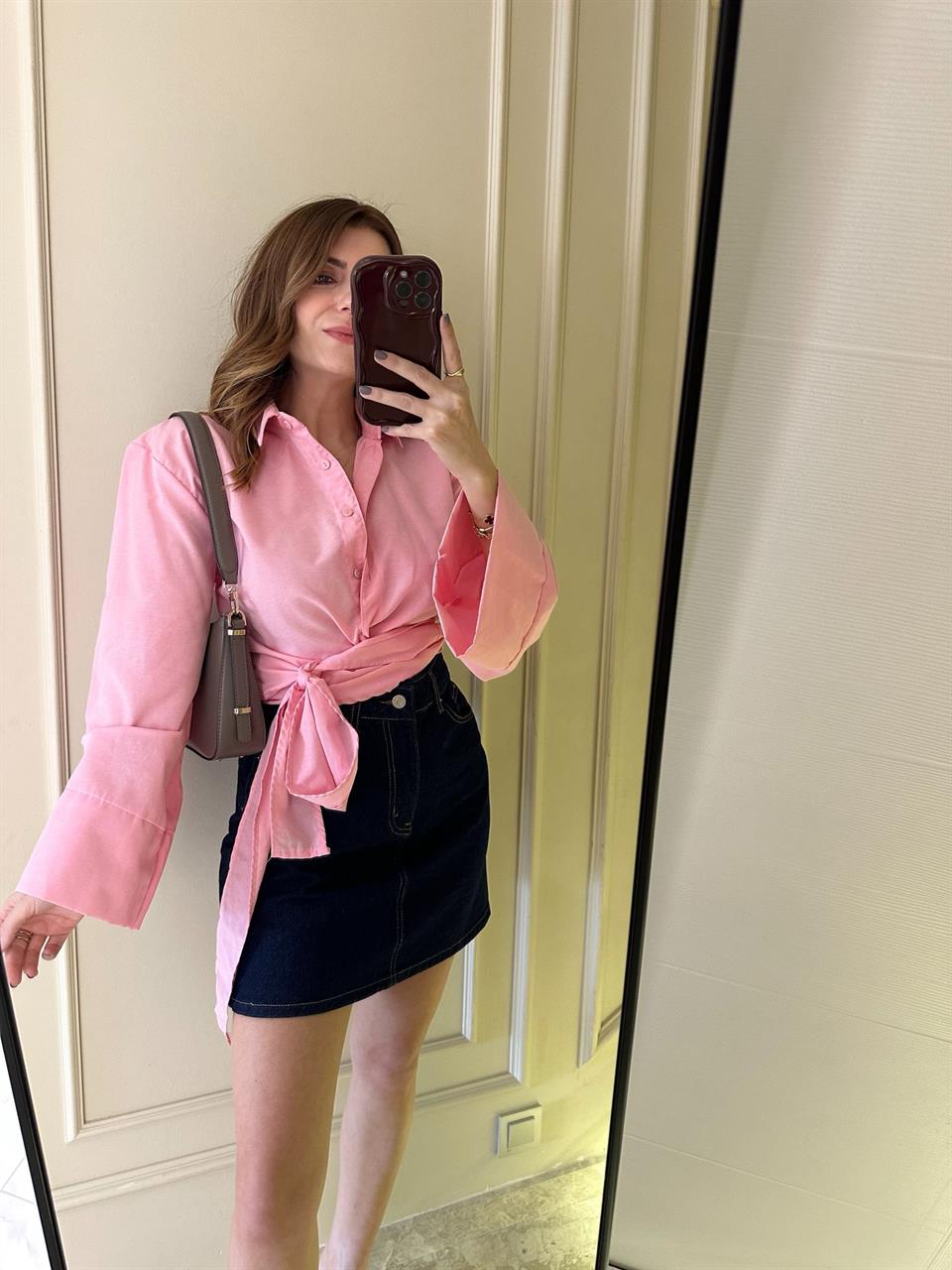 Pembe Geniş Kol Bağlamalı Gömlek