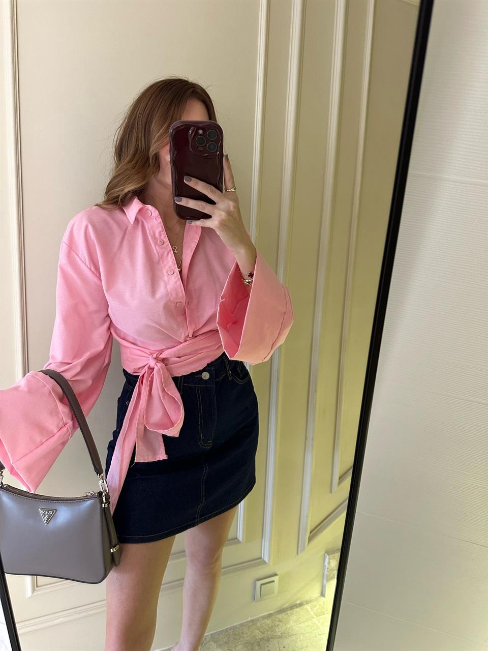 Pembe Geniş Kol Bağlamalı Gömlek