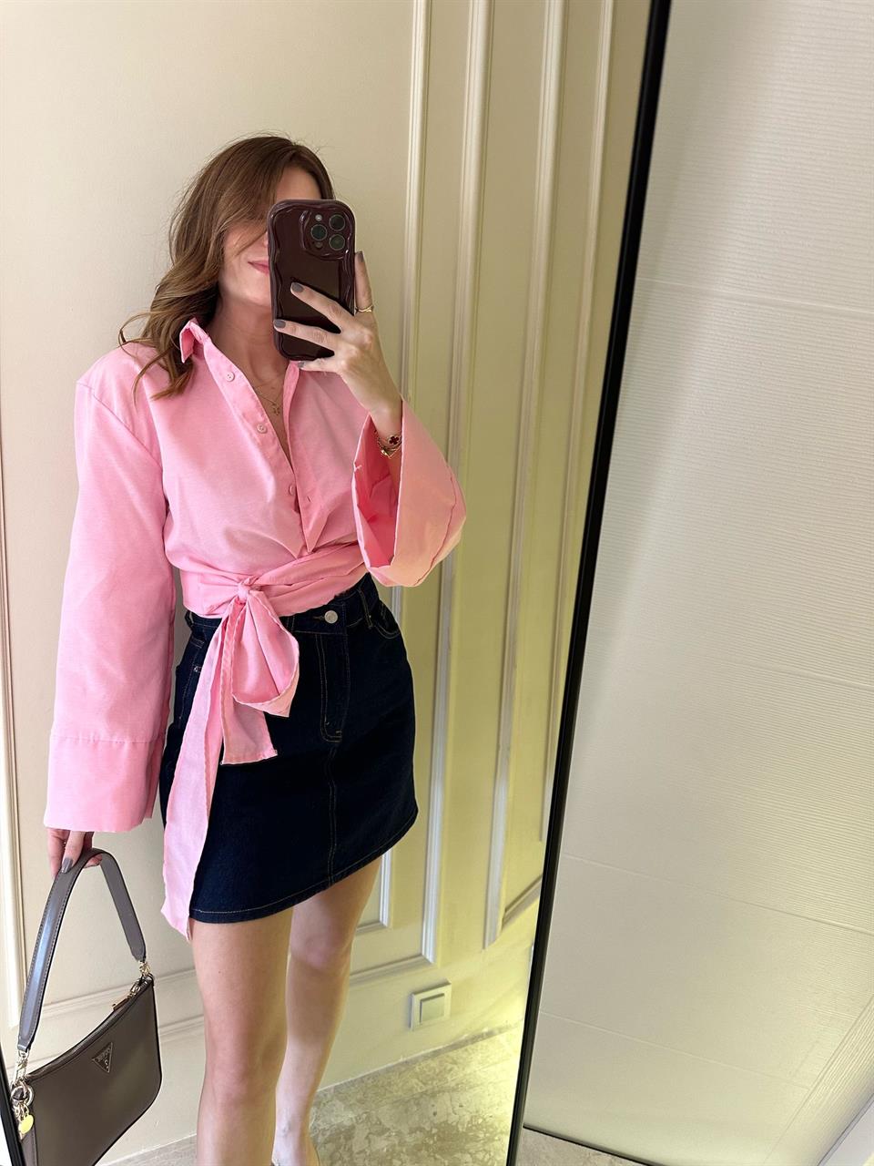 Pembe Geniş Kol Bağlamalı Gömlek