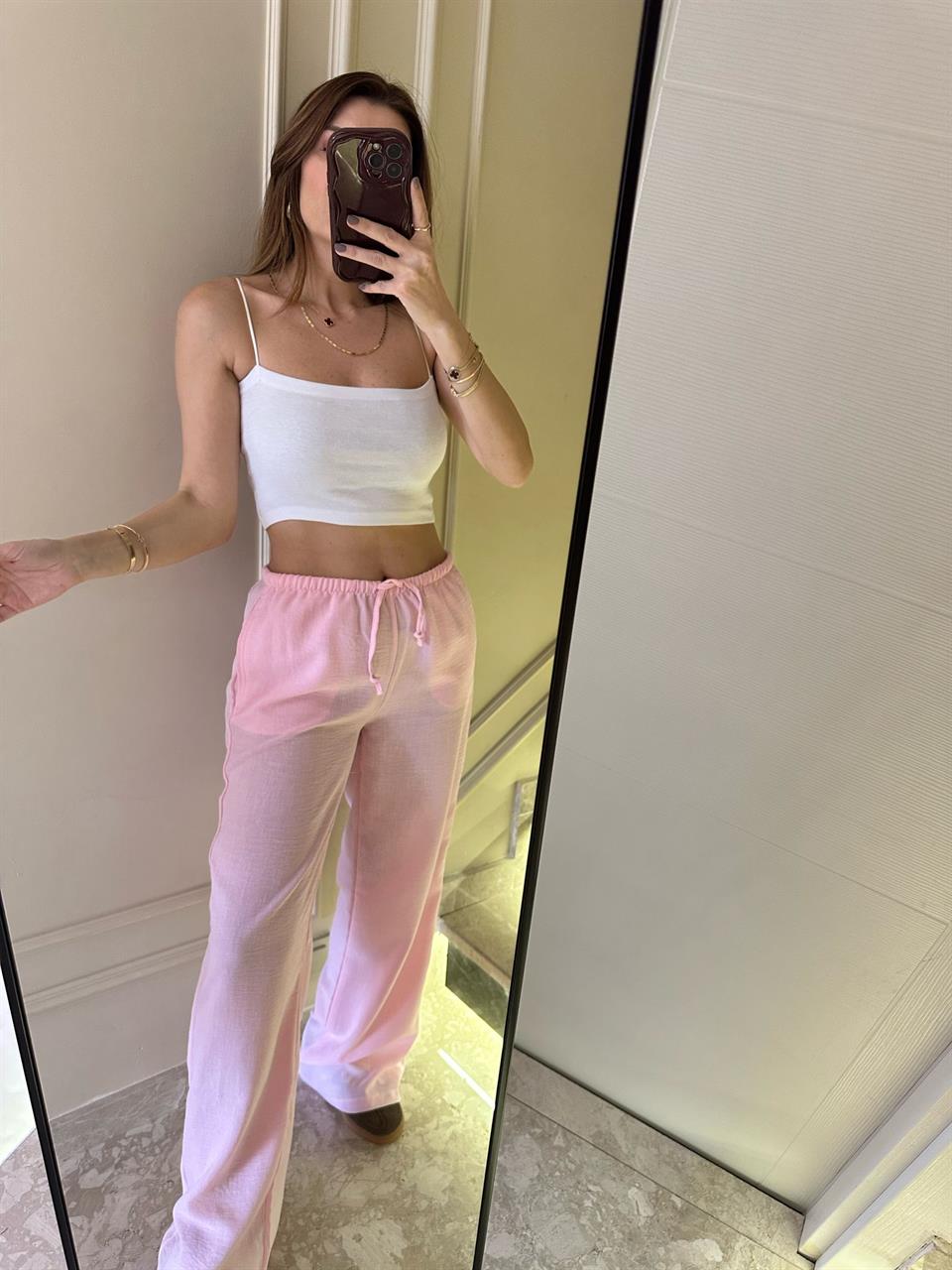 Pembe İnce Kemer Keten Pantolon