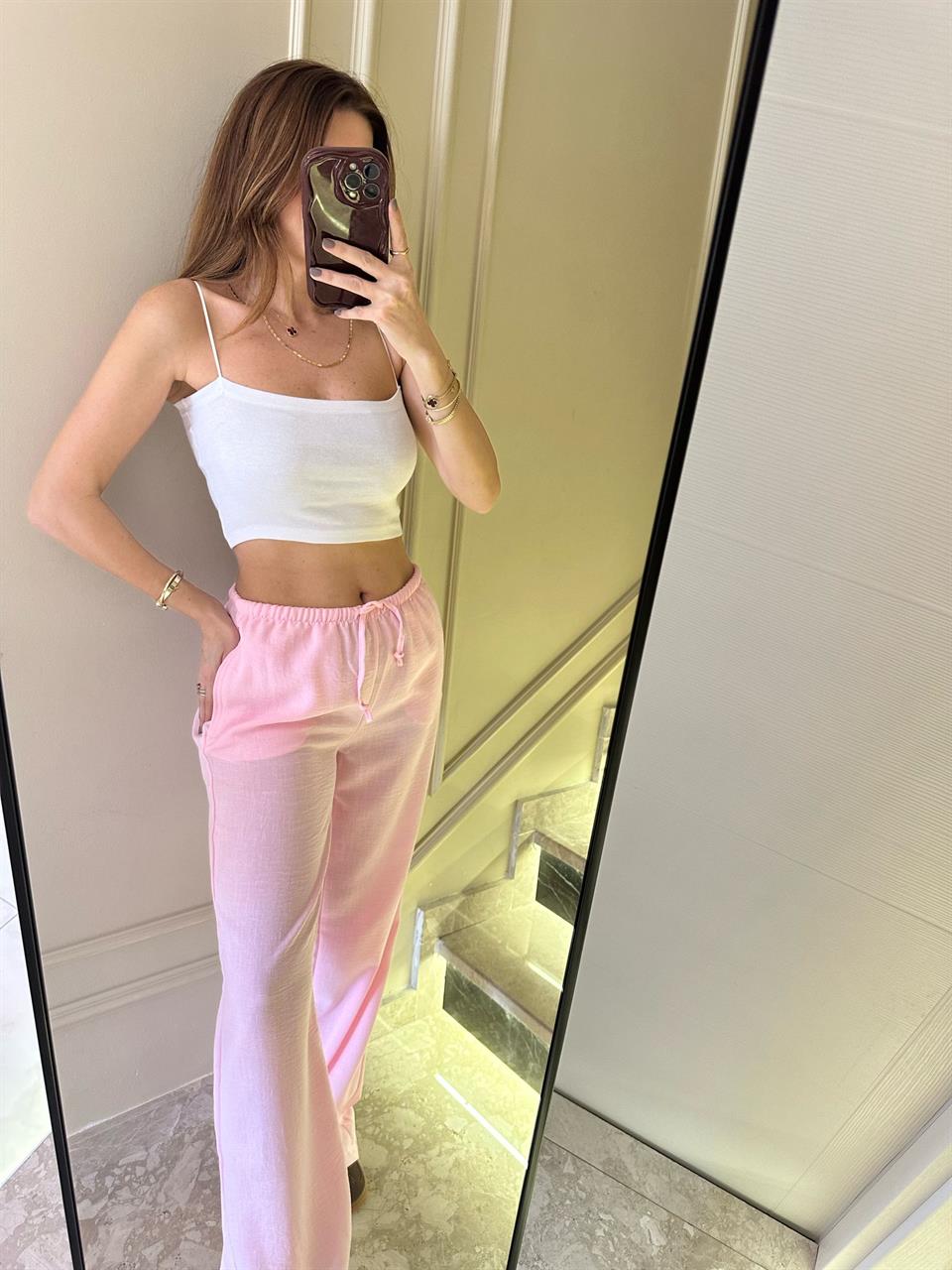 Pembe İnce Kemer Keten Pantolon