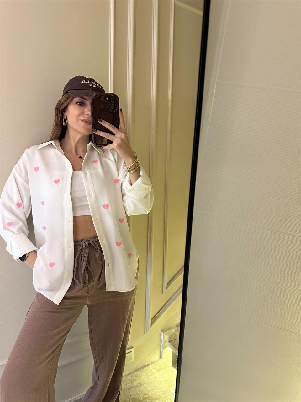 Pembe Kalpli Nakışlı Gömlek