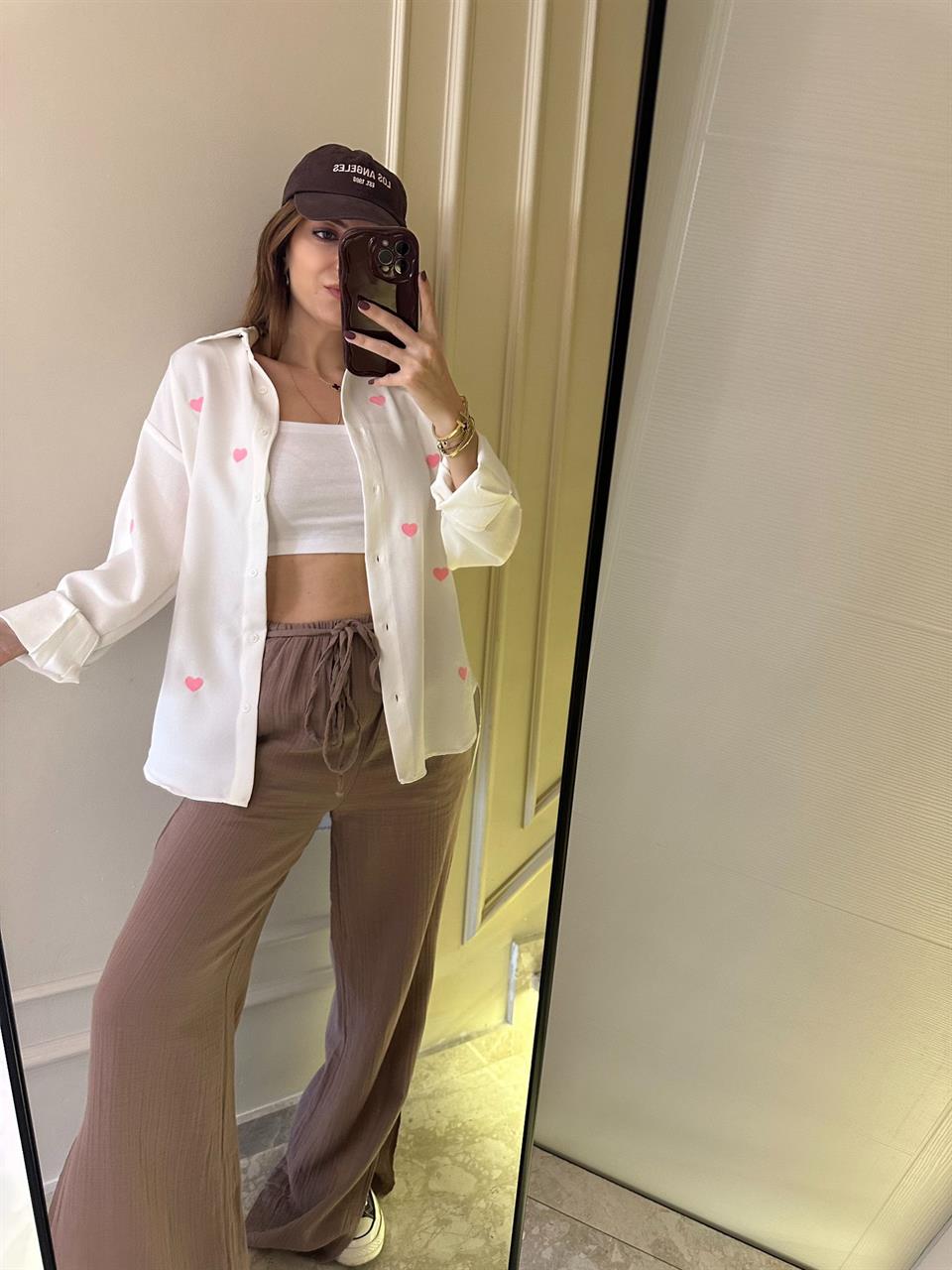 Pembe Kalpli Nakışlı Gömlek