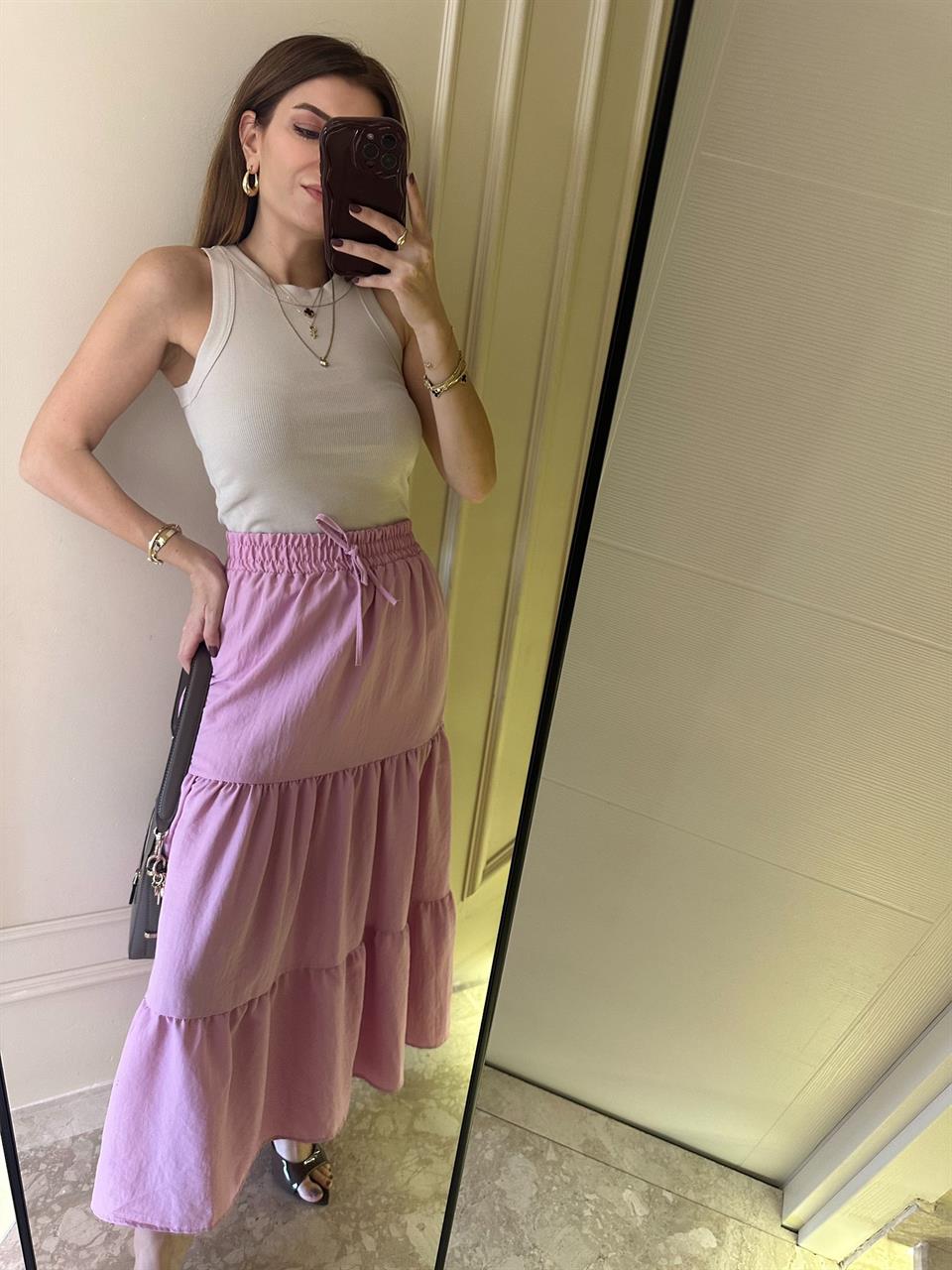 Pembe Katlı Uzun Etek