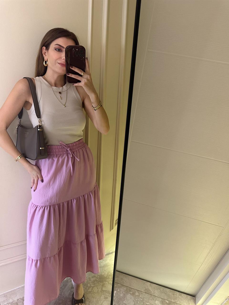 Pembe Katlı Uzun Etek