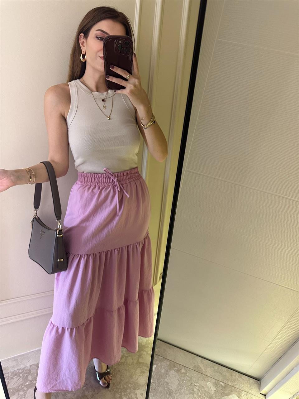 Pembe Katlı Uzun Etek