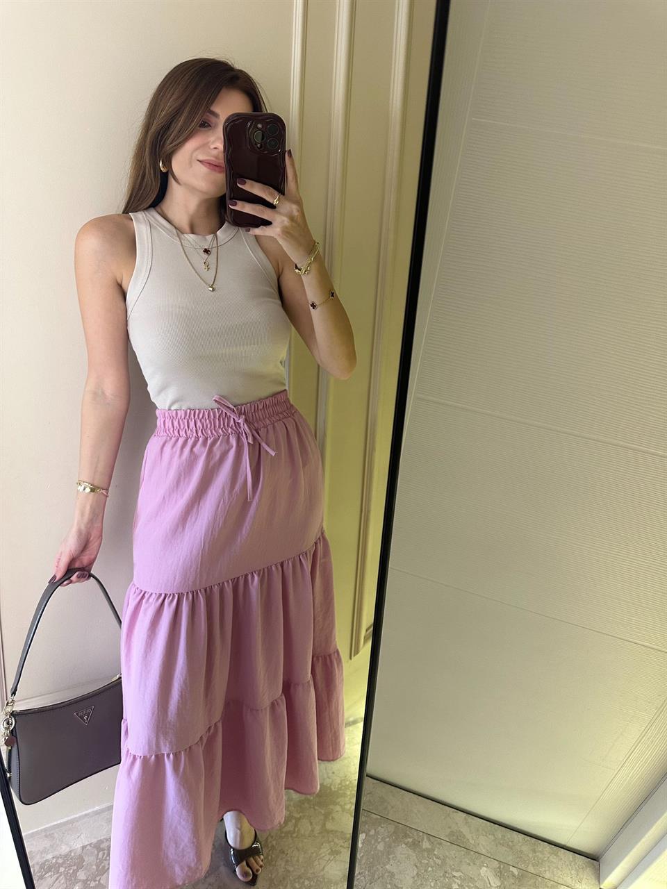 Pembe Katlı Uzun Etek