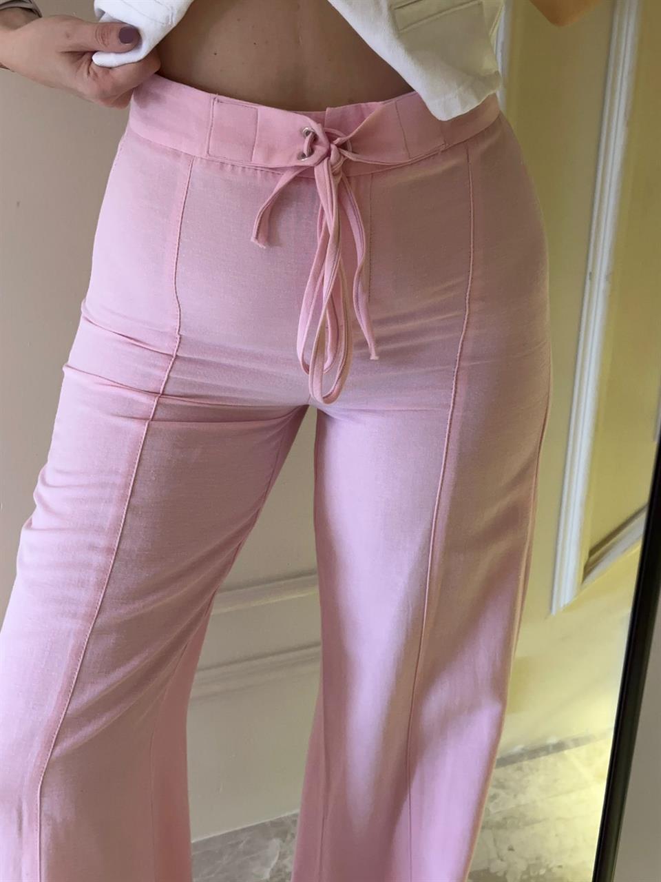 Pembe Kemer Detaylı Keten Pantolon