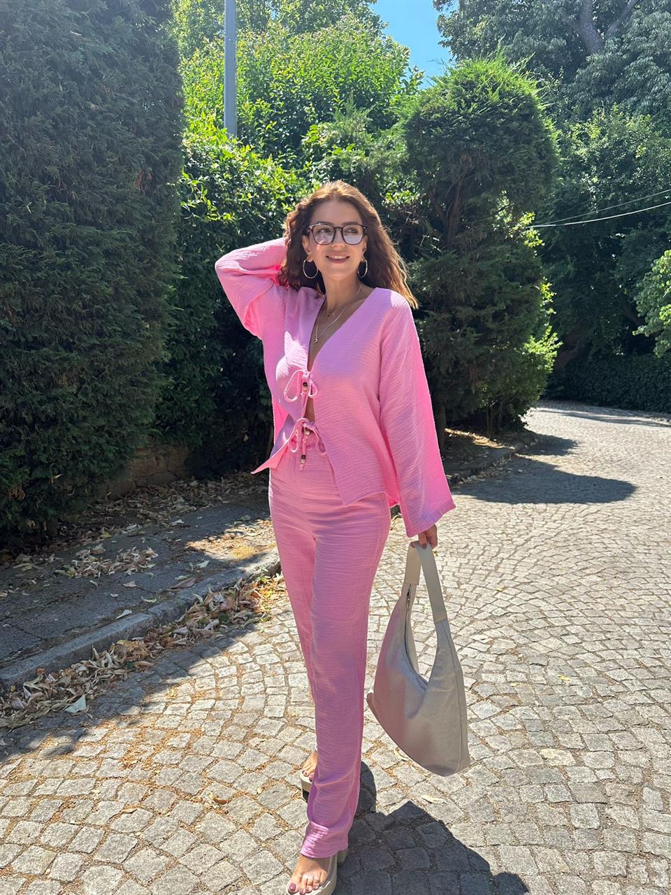 Pembe Müslin Kumaş Bağlama Detaylı Kimono Takım