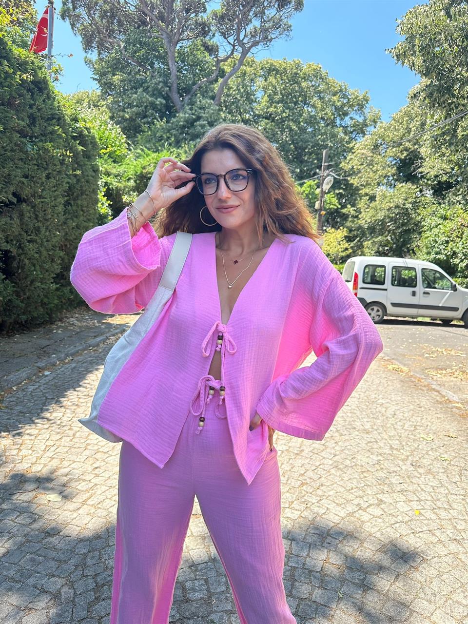 Pembe Müslin Kumaş Bağlama Detaylı Kimono Takım