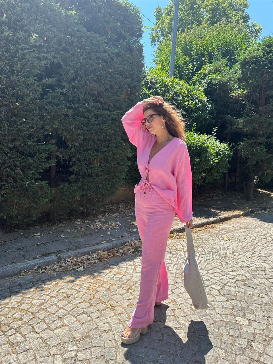 Pembe Müslin Kumaş Bağlama Detaylı Kimono Takım