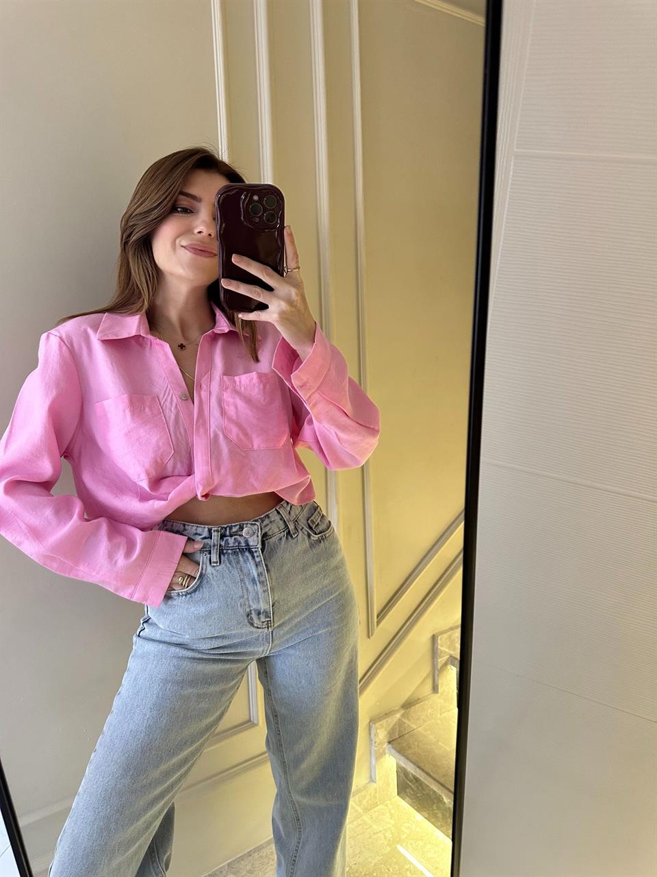 Pembe Önü Çapraz Gömlek