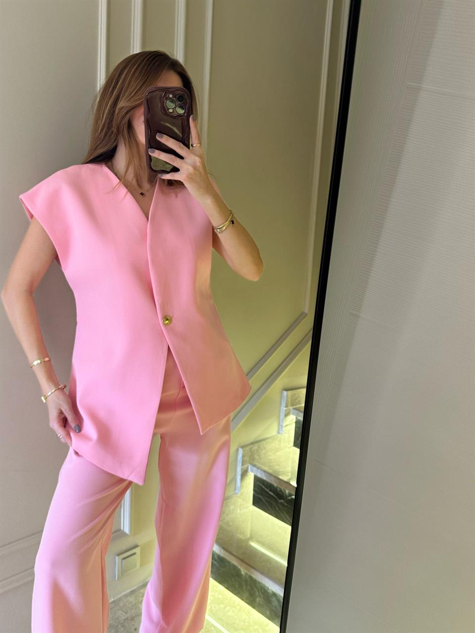 Pembe Palazzo Pantolon Yelekli Takım