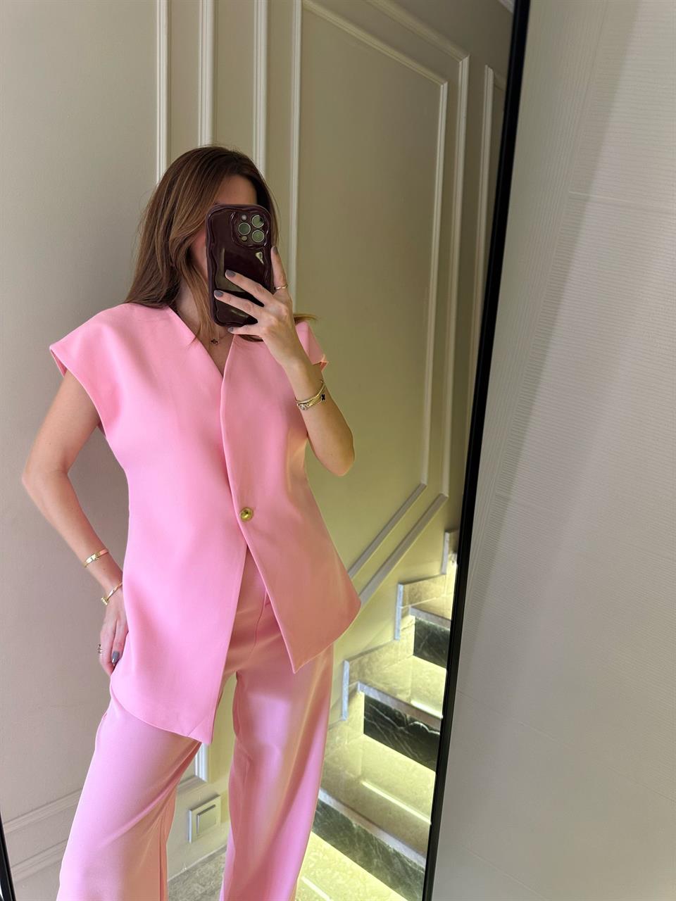 Pembe Palazzo Pantolon Yelekli Takım