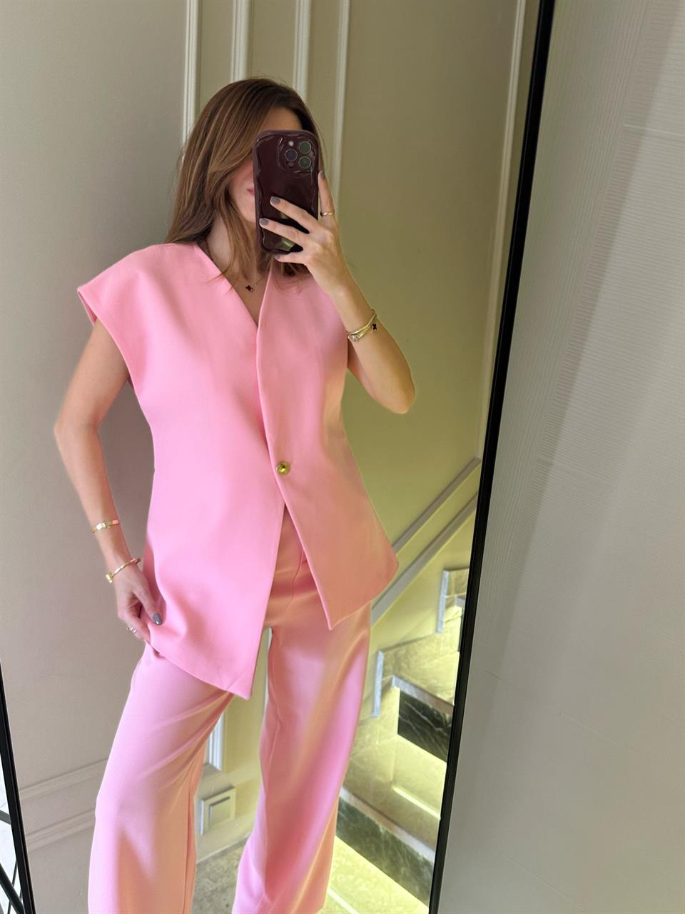 Pembe Palazzo Pantolon Yelekli Takım