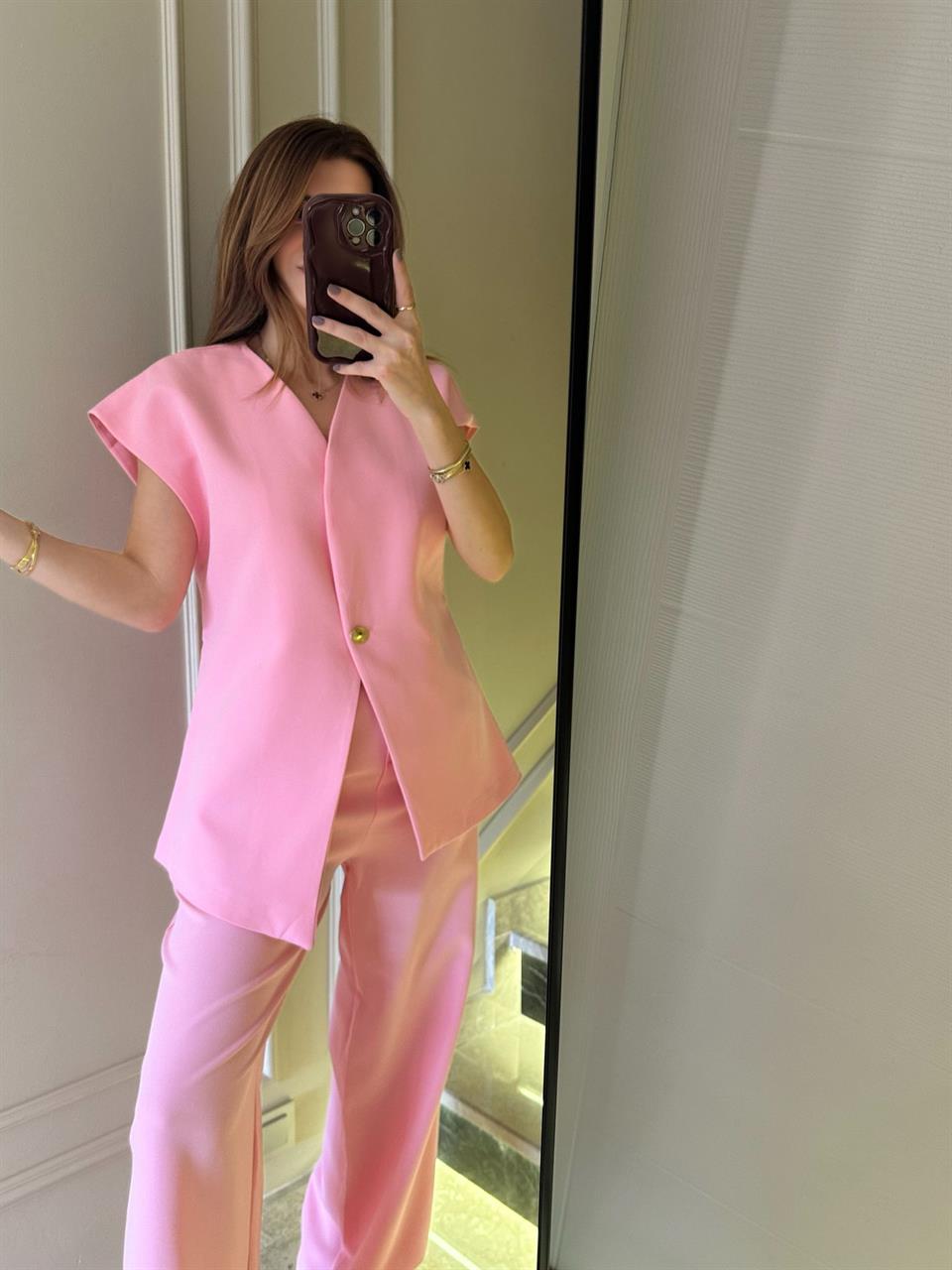 Pembe Palazzo Pantolon Yelekli Takım