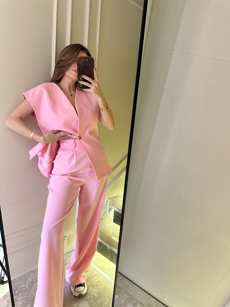 Pembe Palazzo Pantolon Yelekli Takım