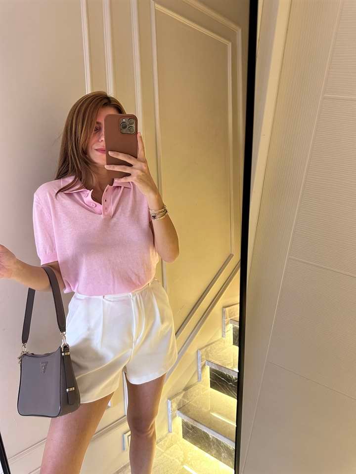 Pembe Polo Yaka İnce Triko Bluz