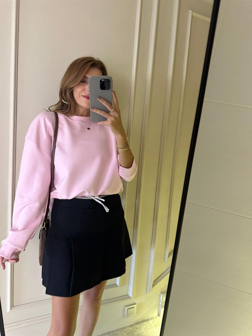 Pembe Ribanalı Crop Sweatshirt