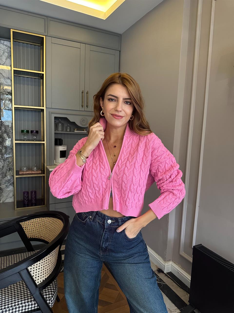 Pembe Saç Örgü Çift Fermuarlı Triko Hırka