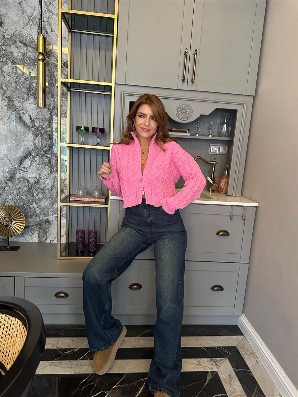 Pembe Saç Örgü Çift Fermuarlı Triko Hırka