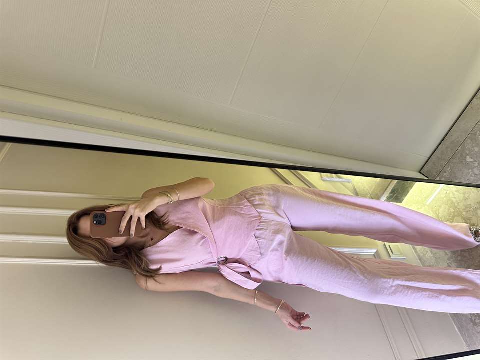 Pembe Tensel Kumaş Kruvaze Yaka Bağlamalı Takım