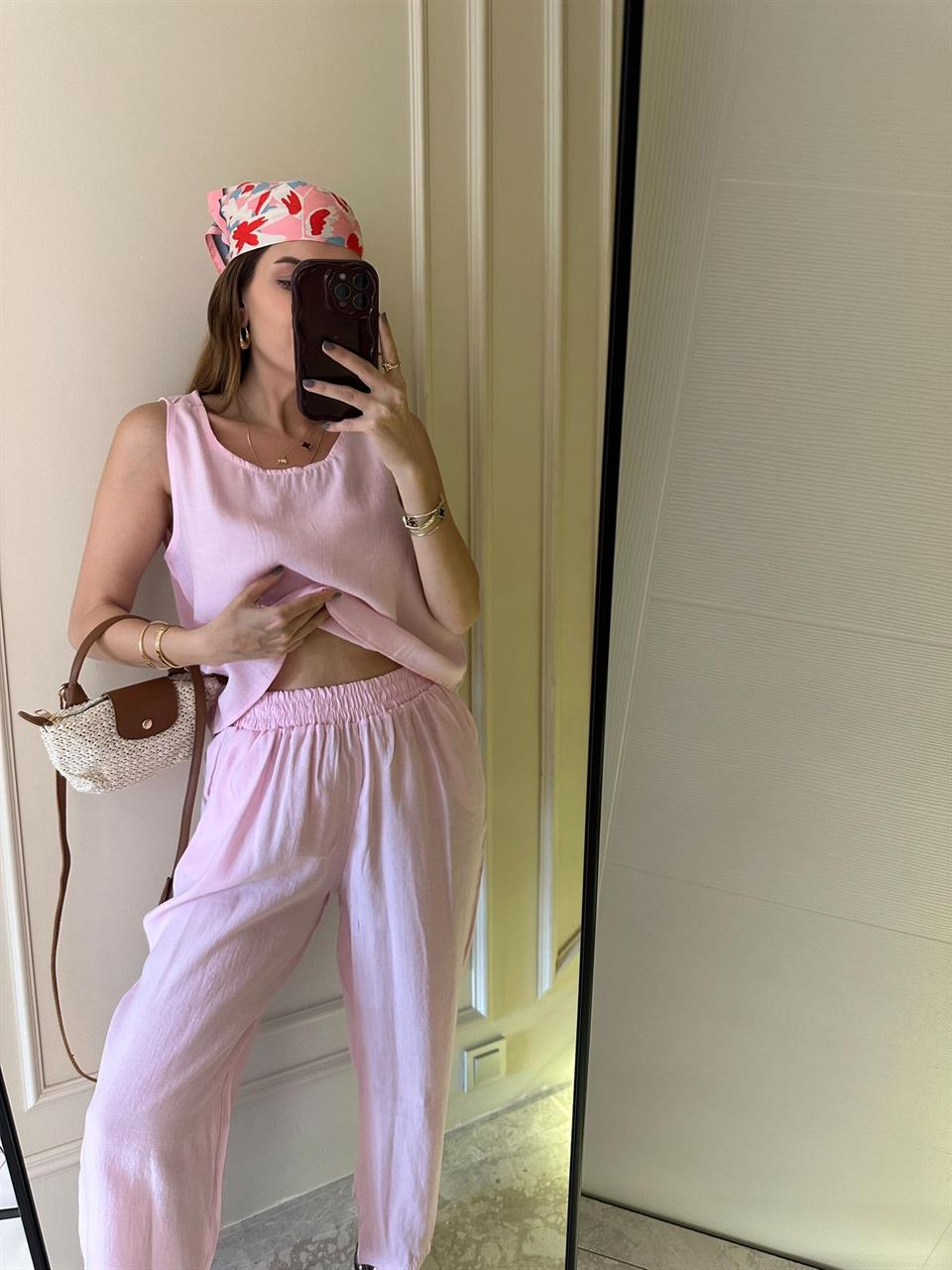 Pembe Sıfır Kol Bluz Beli Lastikli Pantolon Takım