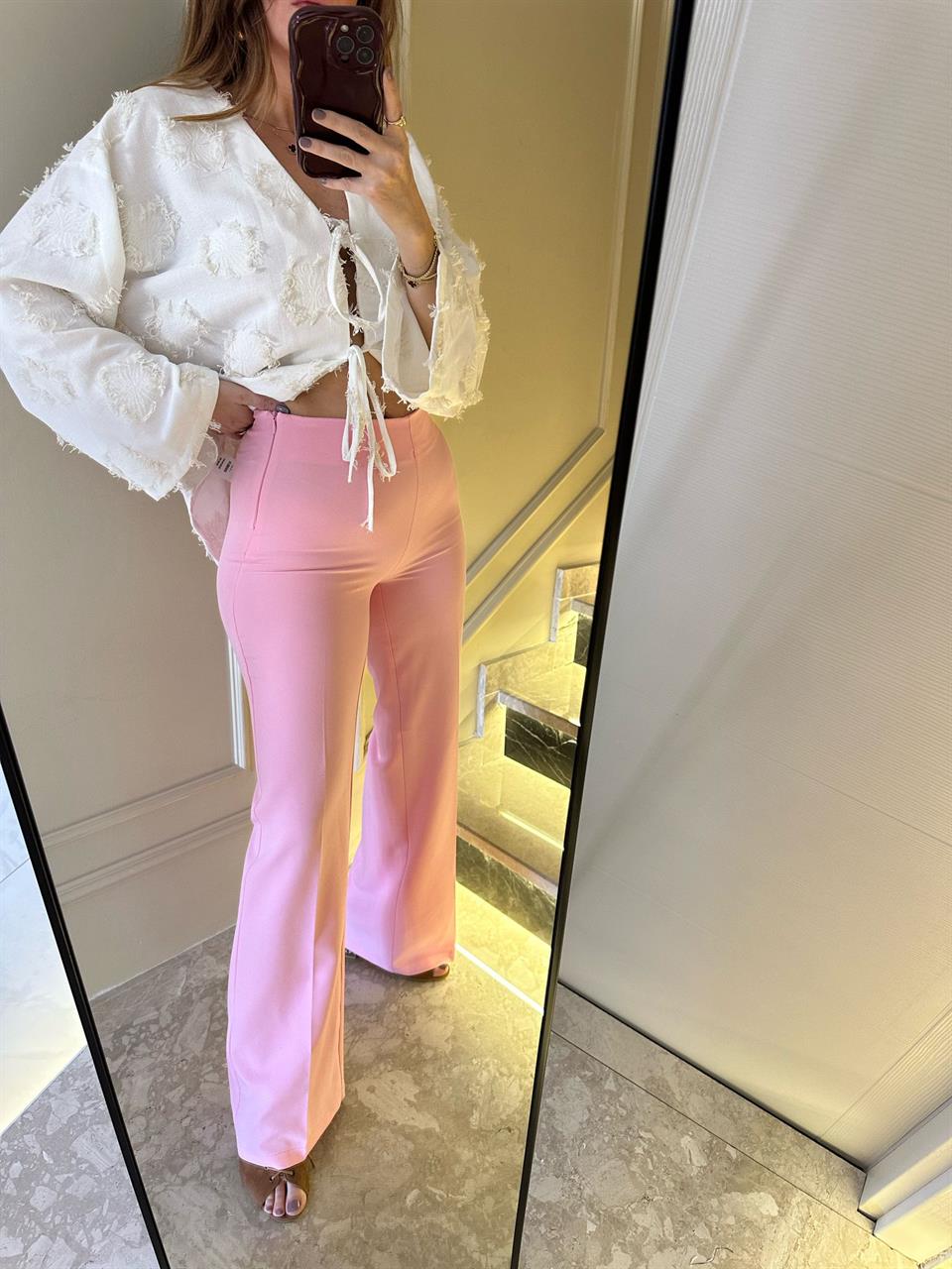 Pembe Yan Fermuar Streç Pantolon