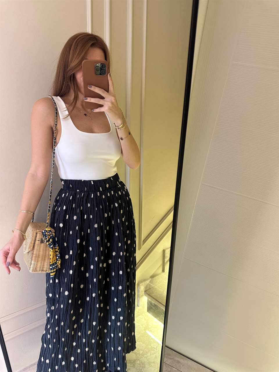 Puantiyeli Kraşlı Kırışık Saten Etek