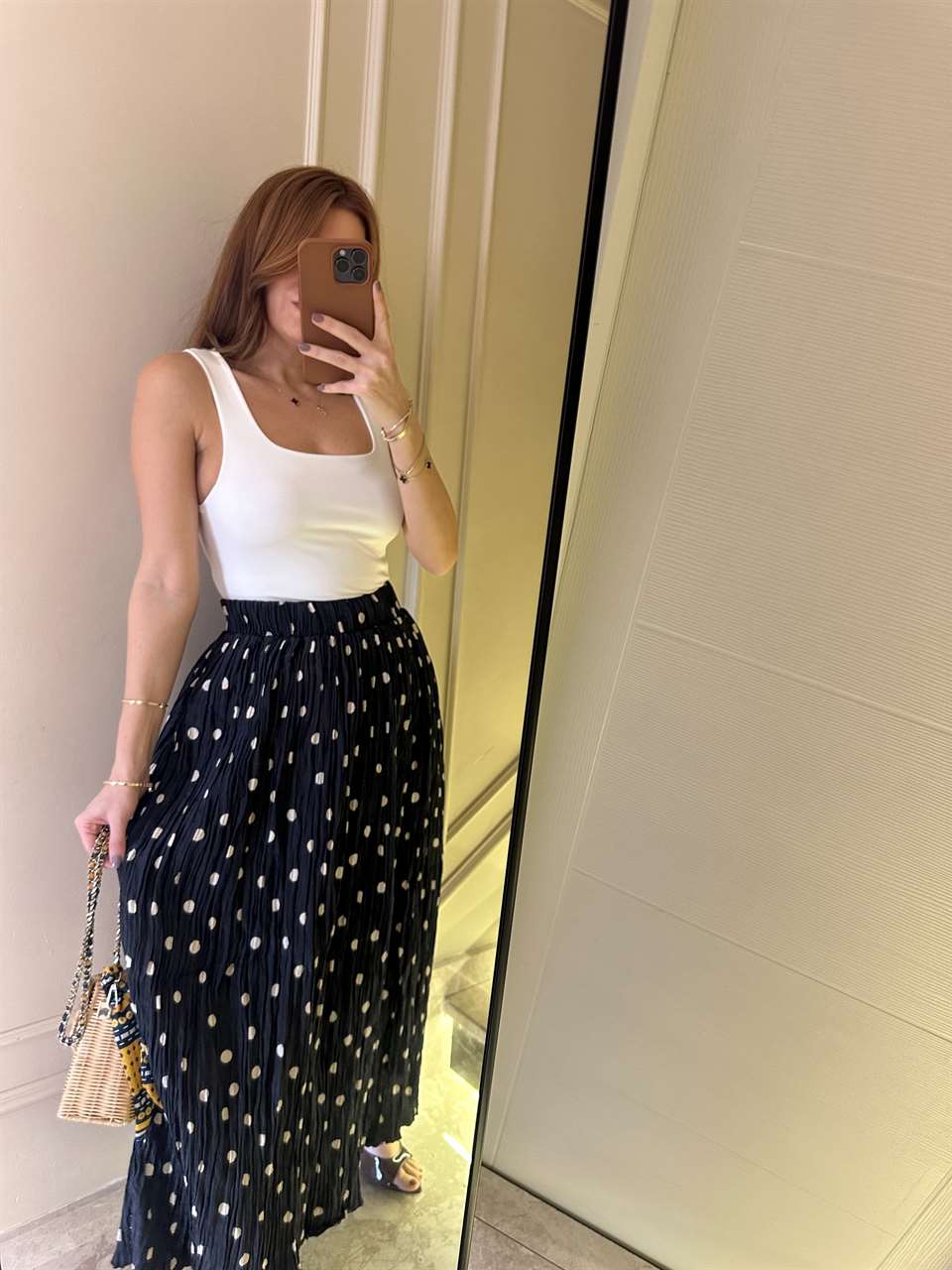 Puantiyeli Kraşlı Kırışık Saten Etek