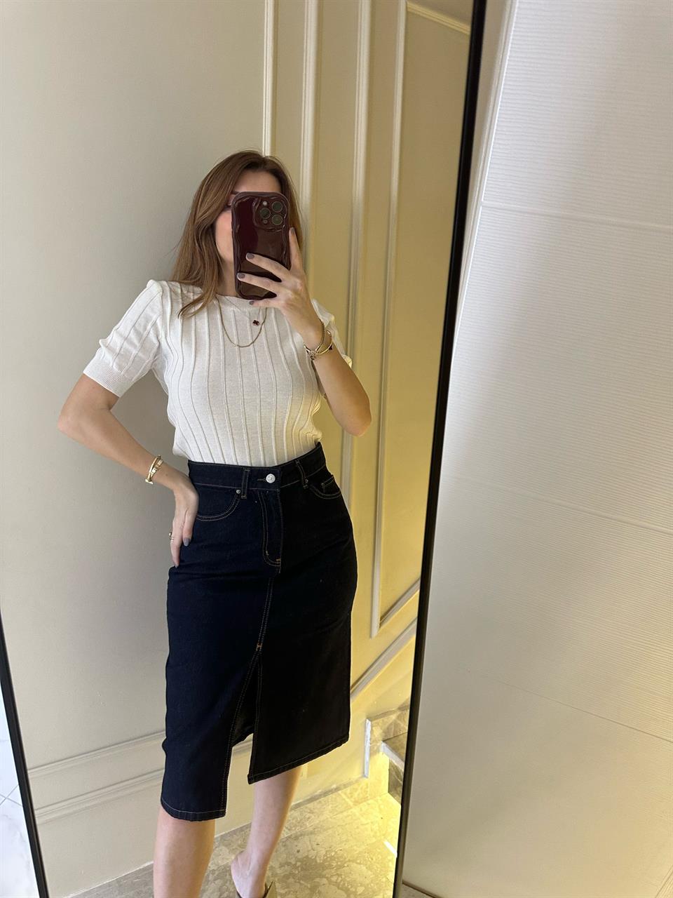 Raw Yıkama Önü Yırtmaçlı Etek