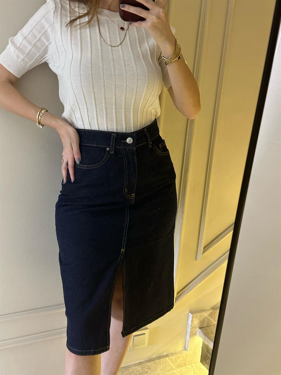 Raw Yıkama Önü Yırtmaçlı Etek