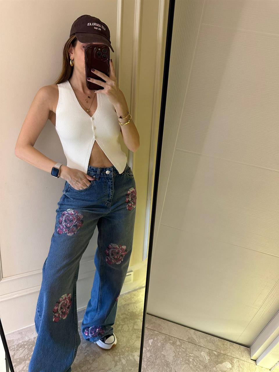 Renkli Taş Gül Desen Tintli Jean