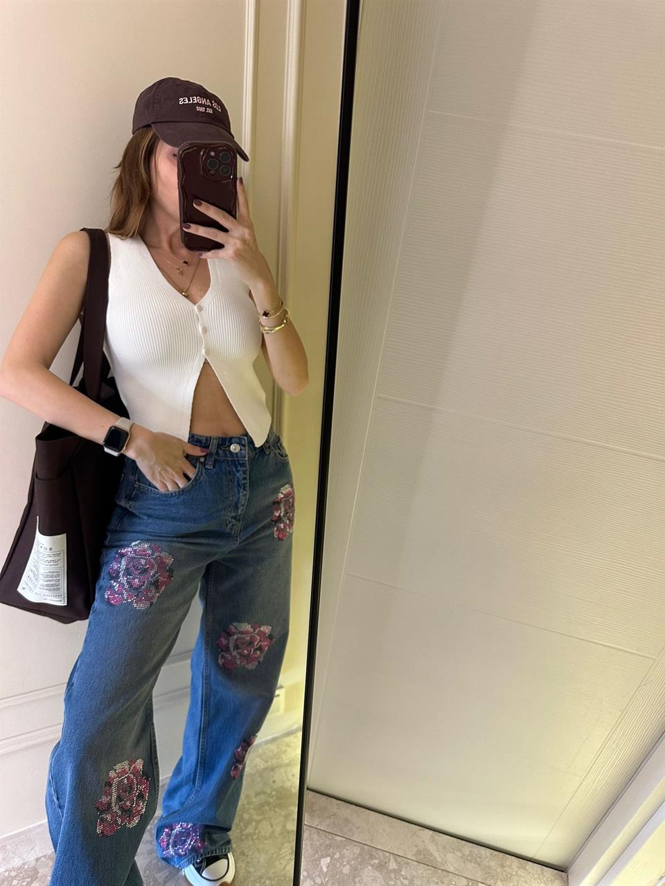 Renkli Taş Gül Desen Tintli Jean