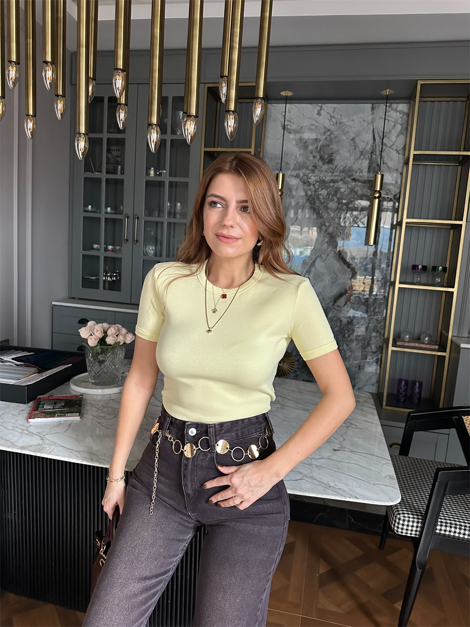 Sarı Bisiklet Yaka Kısa Kol Tshirt